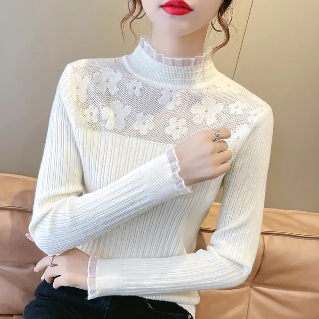 Women's Lace All match Long Sleeve Knitted Pullover Sweater White - Shop at LoveMi