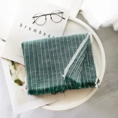 Autumn And Winter Striped Cotton And Linen Pleated Scarf Shawl - Dark Green - View 1