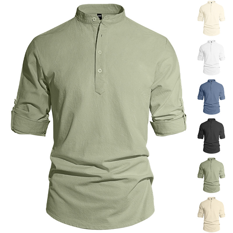 Men's Solid Color Stand Collar Long Sleeve Cotton-Linen Shirt