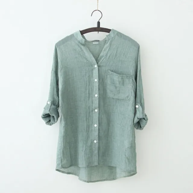 Sun Protection Japanese Fresh Loose Cotton And Linen Stand Collar Shirt Green - Shop at LoveMi