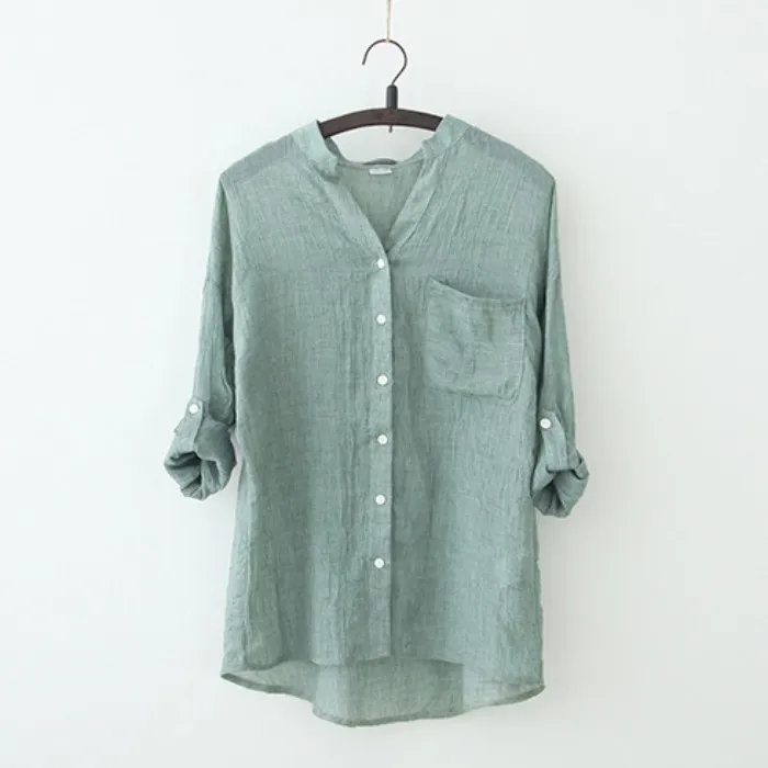 Sun Protection Japanese Fresh Loose Cotton And Linen Stand Collar Shirt - Green