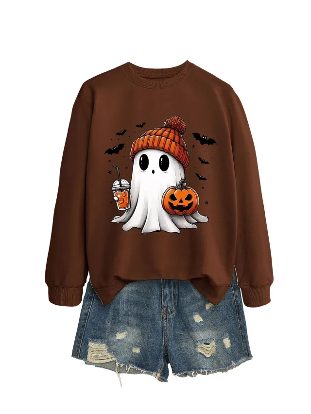 Fashion Long Sleeve Milk Tea Pumpkin Bat Printed Crew Neck Sweatshirt Coffee - Shop at LoveMi