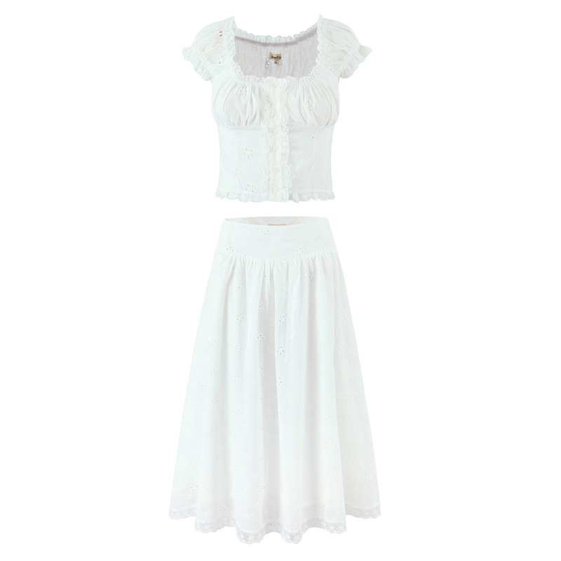 Sweet Embroidery Cutout Lace Stitching White Hollow-out Suit