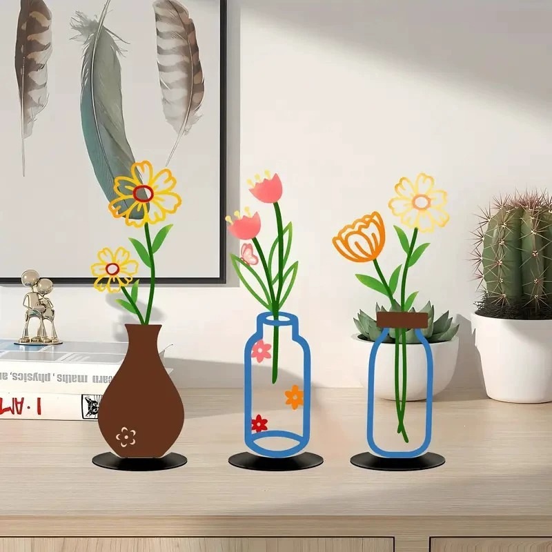 Vază de flori 2D creativă, plată, cu siluetă de perete și imprimeu colorat