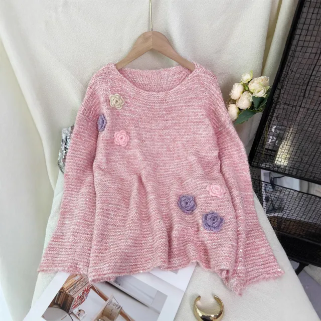 Sequined Knitted Pullover Round Neck Stitching Flower Fashion Sweater Pink - Shop at LoveMi