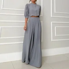 Round Neck Half Sleeve Short Vest High Waist Straight Pants Suit - Dark Grey - View 1