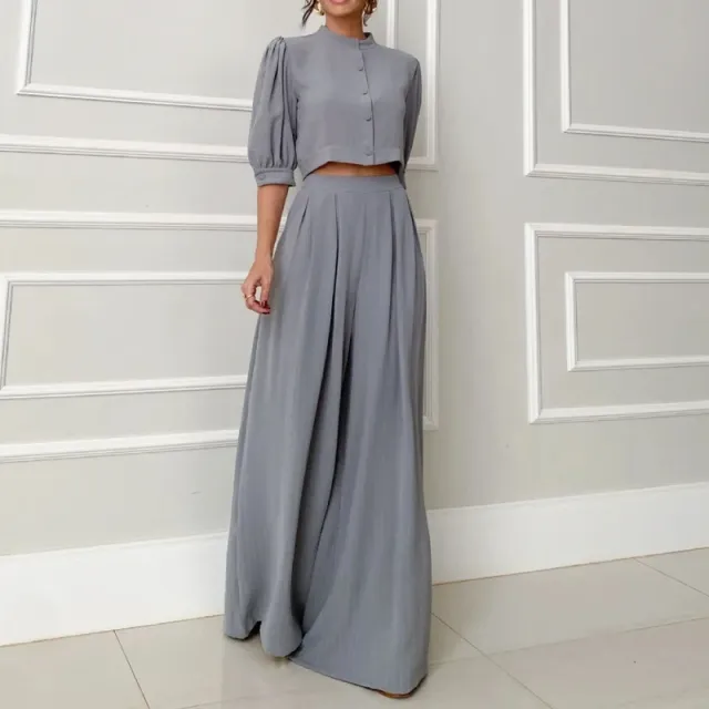 Round Neck Half Sleeve Short Vest High Waist Straight Pants Suit Dark Gray - Shop at LoveMi