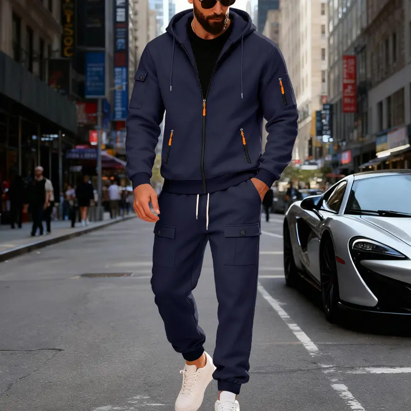 Mens Fleece-lined Loose-fit Casual Hoodie And Pants