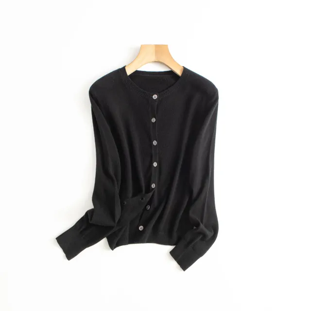 Spring Round Neck Knitted Cardigan Women's Thin Long Sleeve Sweater Coat Black - Shop at LoveMi