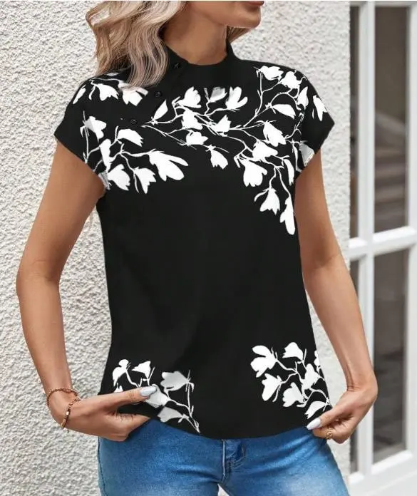 Casual Stand Collar Short Sleeve Regular Pullover Digital Printing Black - Shop at LoveMi