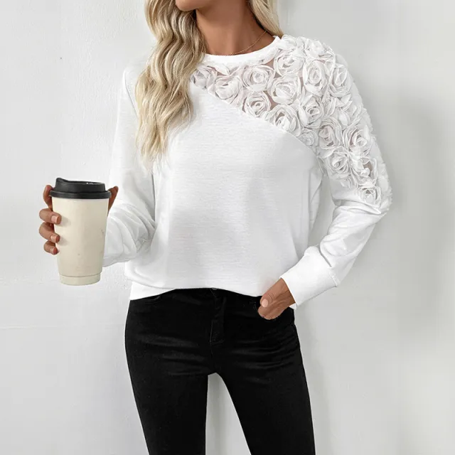 Rose Three dimensional Flower Decorative Long Sleeve Solid Color Hoodie Women Rose - Shop at LoveMi