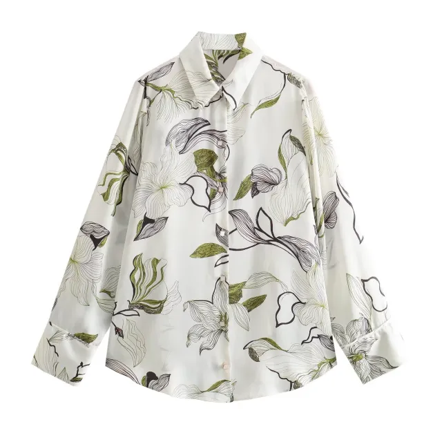 Spring New French Retro Printed Silk Satin Textured Shirt Top White - Shop at LoveMi