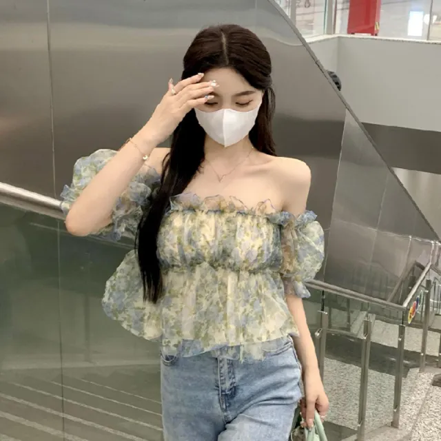 Off shoulder Puff Sleeve Short Top Women's Design Sense Blue Rose - Shop at LoveMi