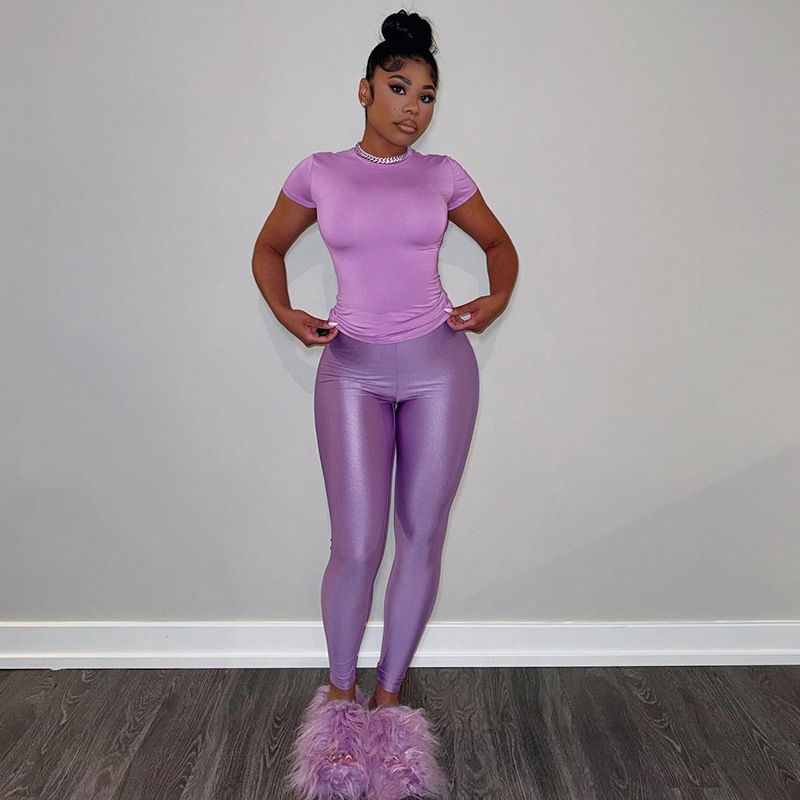 European And American Round Neck Short Sleeve High Waist Slimming Pants Casual Suit