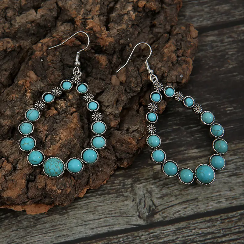 Geometric Hollow-out Drop-shaped Flower Turquoise Earrings