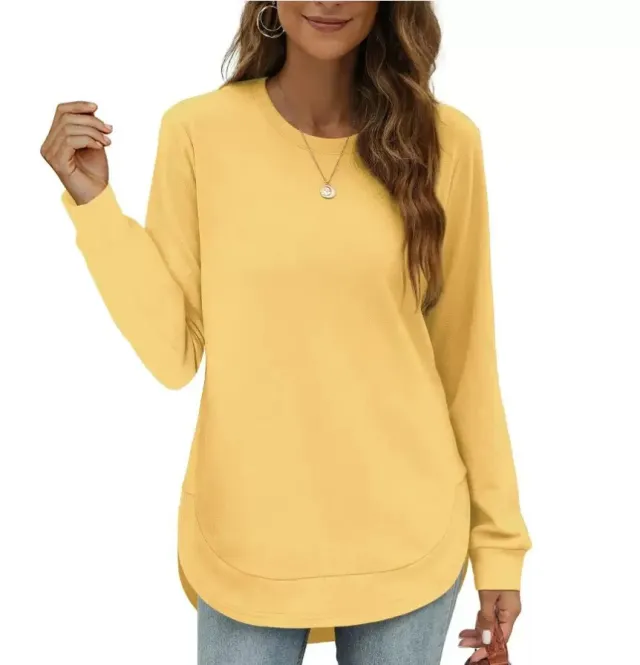 Round Neck Irregular Hem Long Sleeve Loose Casual Women's Blouse Yellow - Shop at LoveMi