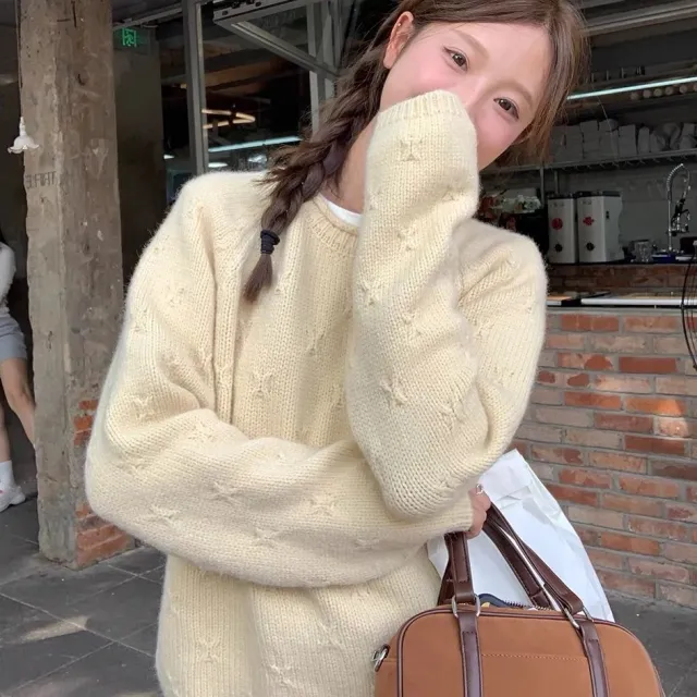 Women's Idle Style Soft Glutinous Sweater Loose Design Curling Creamy White - Shop at LoveMi