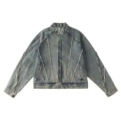 Retro Short Frayed Hem Denim Jacket Women's Stand Collar Loose Design Patchwork Top - Tan - View 1
