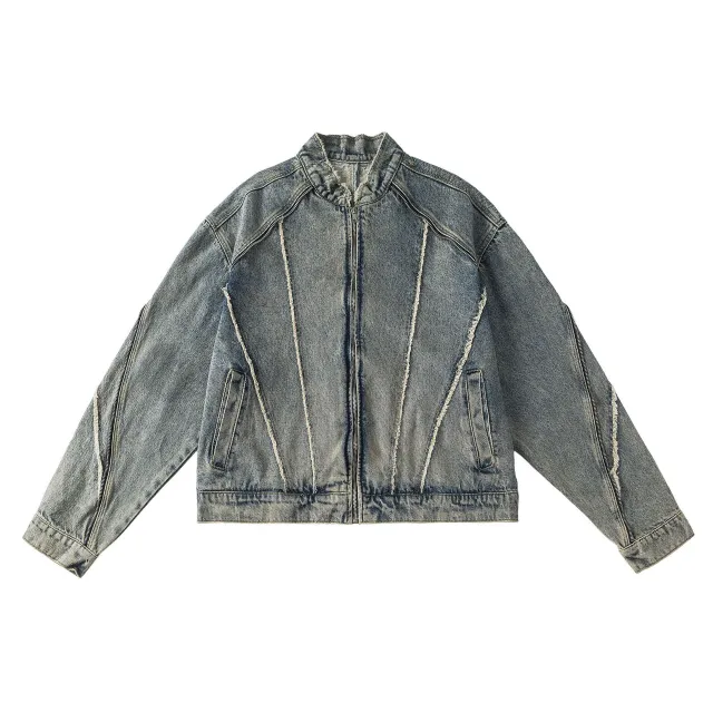 Retro Short Frayed Hem Denim Jacket Women's Stand Collar Loose Design Patchwork Top Tan - Shop at LoveMi