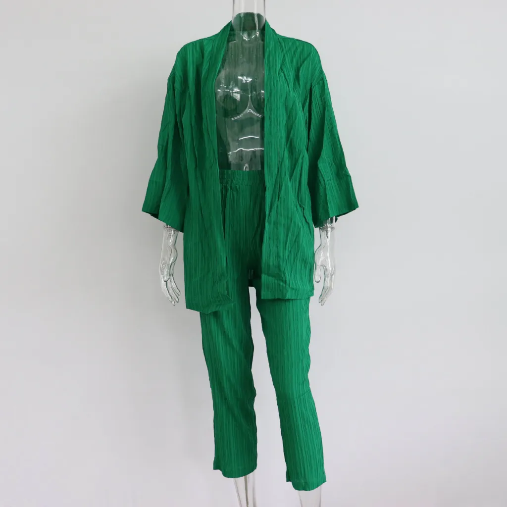 Early Autumn New Camel Casual Suit European And American Women's Long Sleeve Cardigan Top Straight-leg Pants Home Wear Two-piece Suit - Green