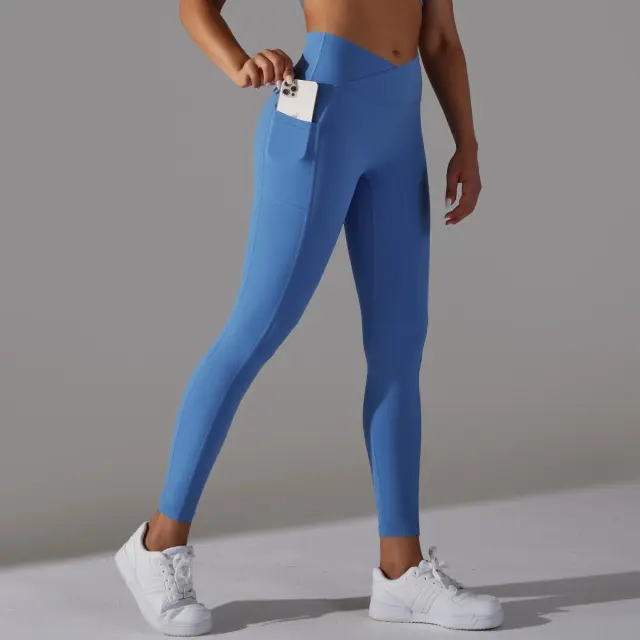Nude Feel Skin friendly Cross Waist Pocket Stretch Fitness Sports Ninth Pants Dark Blue - Shop at LoveMi