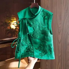 Vest Coat Retro Heavy Industry White Stork Embroidery Tie-neck - Green - View 1