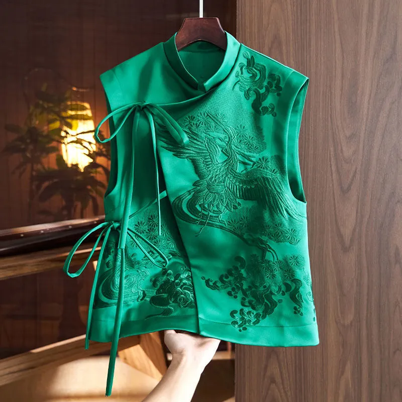 Vest Coat Retro Heavy Industry White Stork Embroidery Tie-neck - Green