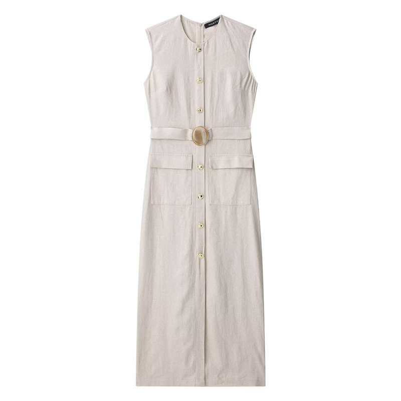 Summer Linen Blend Buckle Decoration Midi Skirt Short Sleeve Dress - Shop at LoveMi