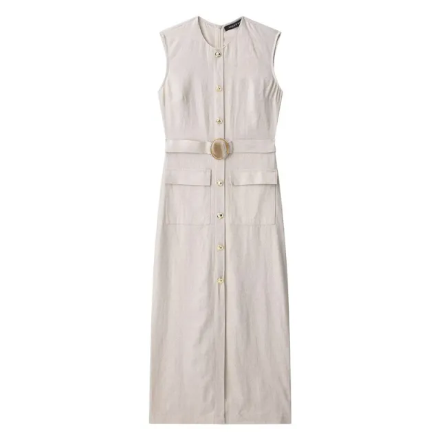 Summer Linen Blend Buckle Decoration Midi Skirt Short Sleeve Dress - Shop at LoveMi