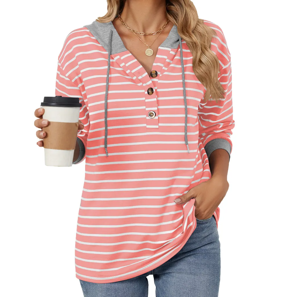 Striped Color Contrast Patchwork Hooded Long Sleeve Loose Sweatshirt Women - Pink