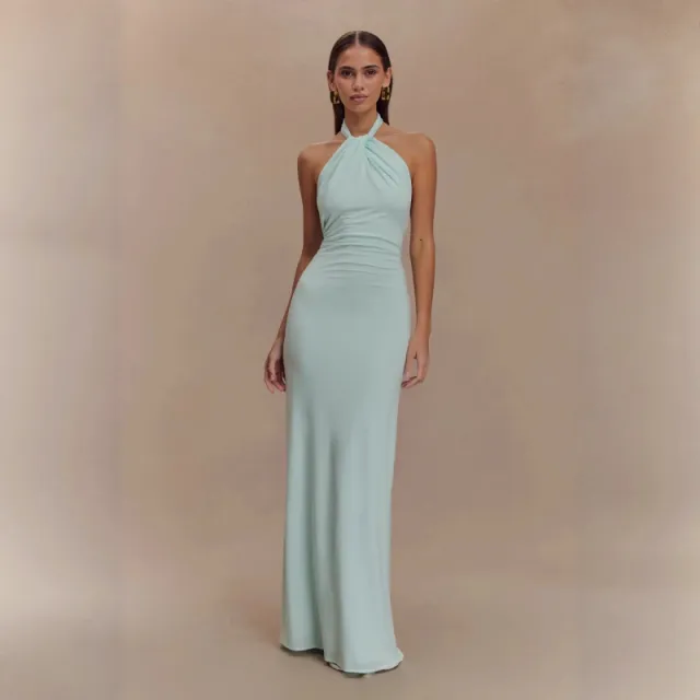 Ins Bodycon Halter Dress Sexy Backless Slim Fit Waist Slimming Maxi Dresses Prom Party Club Clothing For Women Cyan - Shop at LoveMi