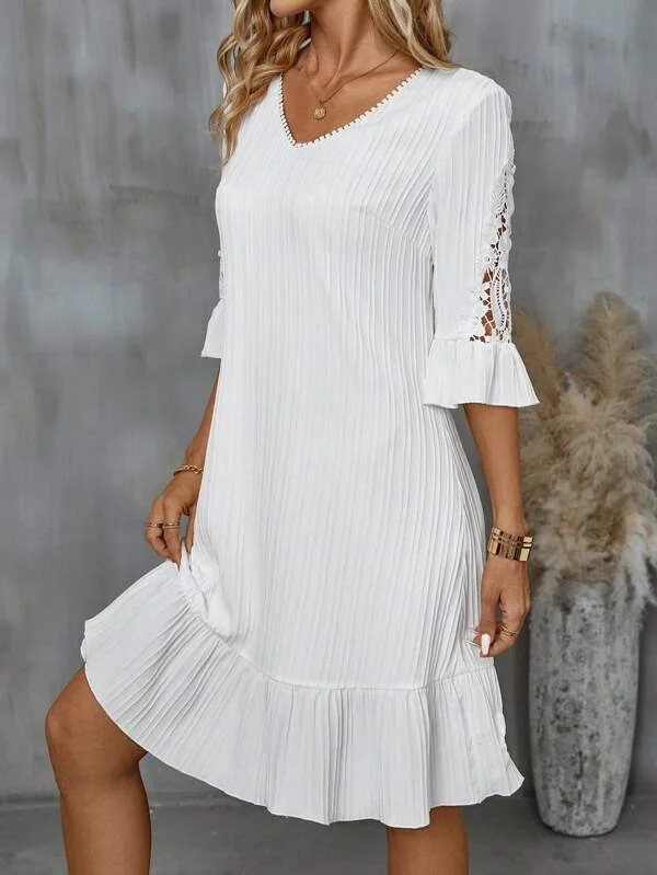 Title 5, Lace Patchwork Flared Sleeves Casual Dress