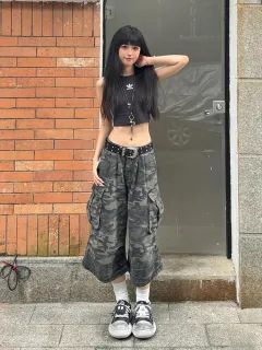 Summer Fashion All-matching High Waist Loose Straight Cargo Cropped Pants - Camouflage Colour - View 1