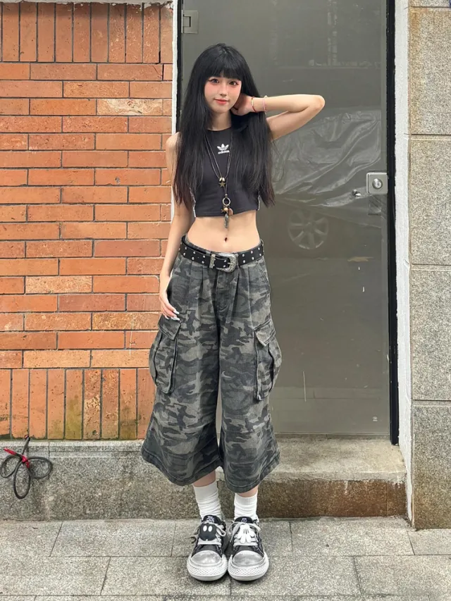 Summer Fashion All matching High Waist Loose Straight Cargo Cropped Pants Camouflage Color - Shop at LoveMi
