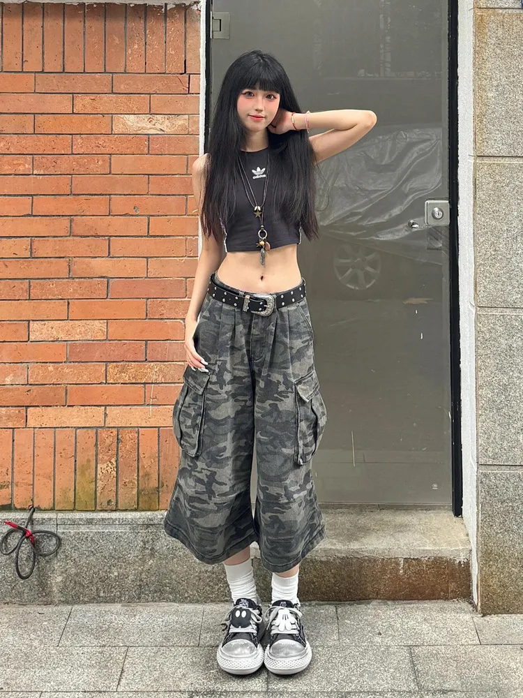 Summer Fashion All-matching High Waist Loose Straight Cargo Cropped Pants - Camouflage Color