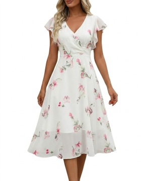 Fashionable Floral-print Chiffon Dress For Women