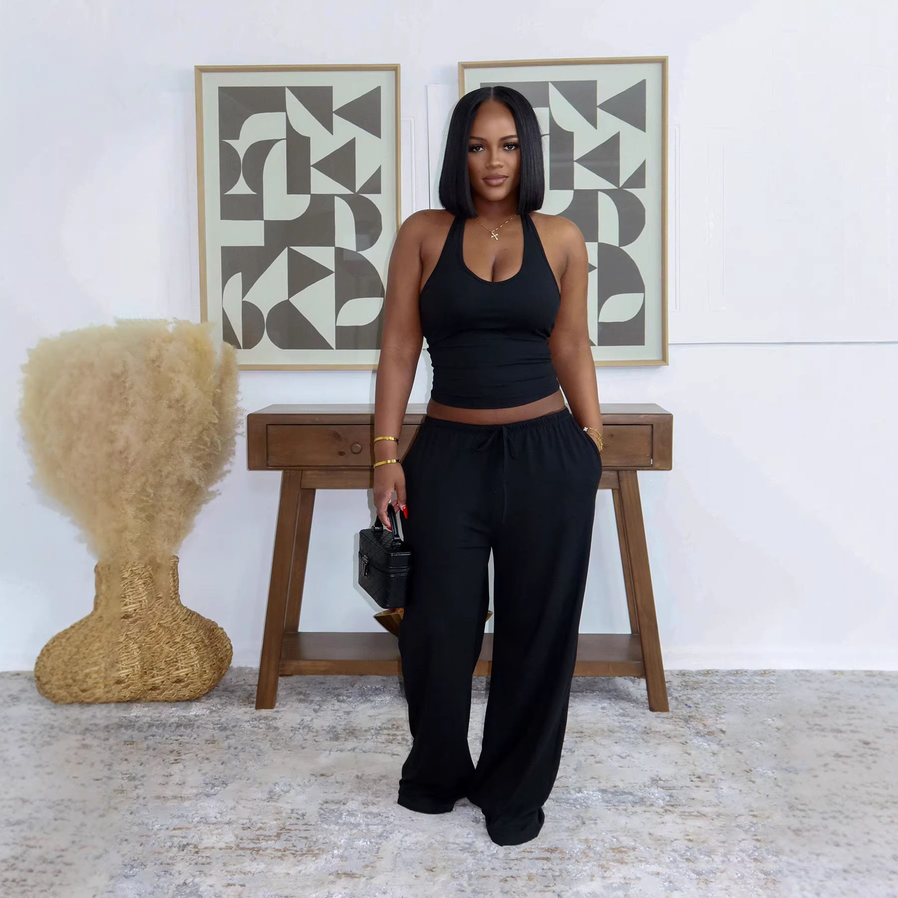 European And American Style Summer Solid Color Casual Halter Top And High-Waist...