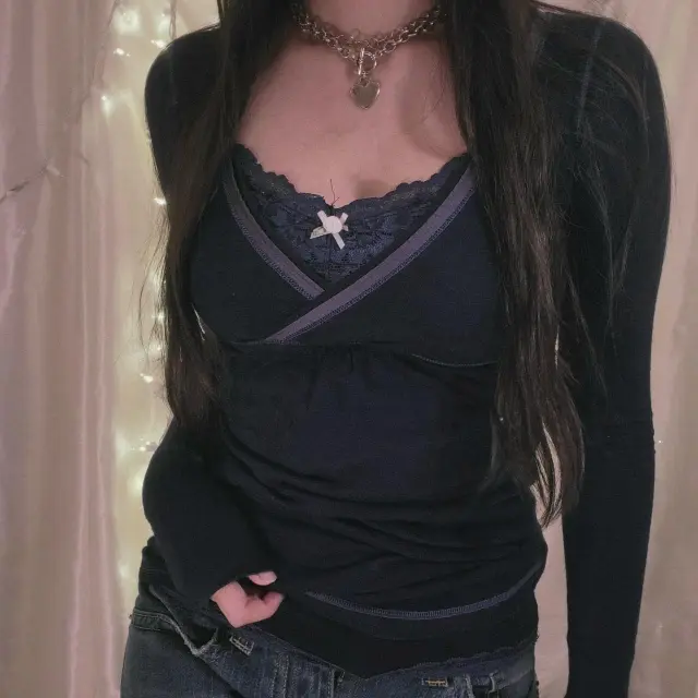 Women's Long sleeved T shirt Lace Bow Top Sexy Slim Bottoming Shirt Black - Shop at LoveMi