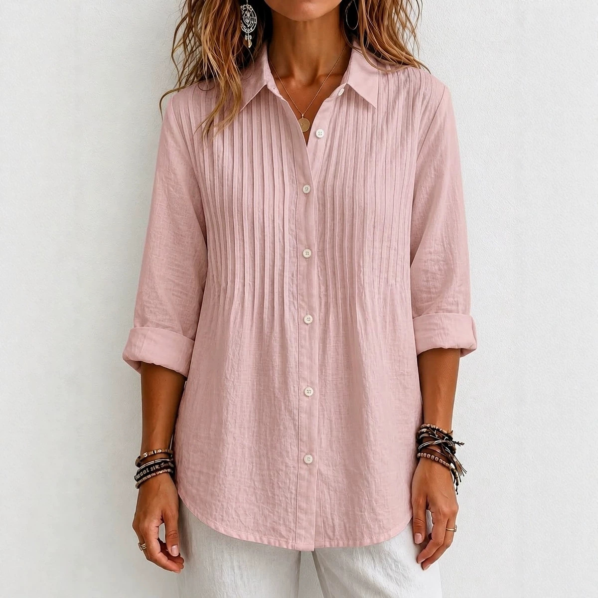 Womens Pleated Plus-Size Shirt Loose-Fit Cotton-Linen Long Sleeve