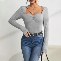 Women's Minimalist Design Square Neck T-shirt Slim And Versatile Autumn And Winter Base Layer - Grey - View 1