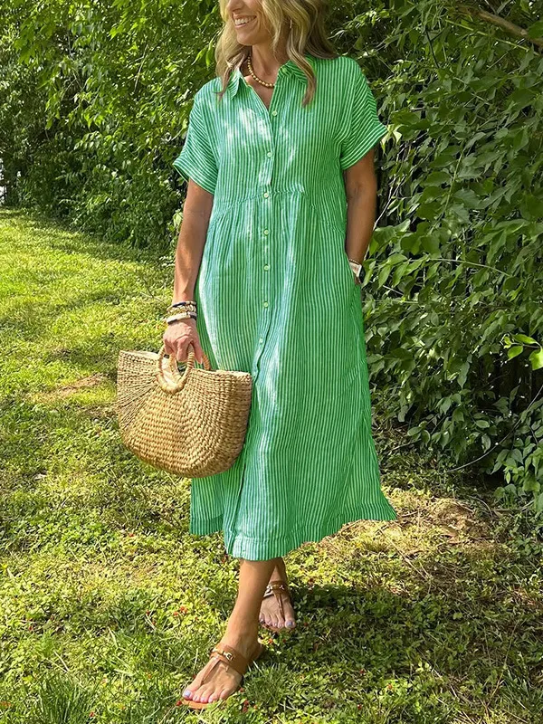 Loose Striped Short Sleeve Casual Cotton And Linen Dress Green - Shop at LoveMi
