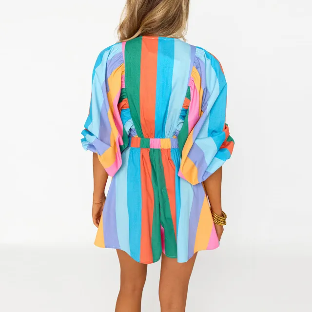 Shirt Slimming Casual Loose Deep V Wide Leg Short Jumpsuit Lake Blue - Shop at LoveMi