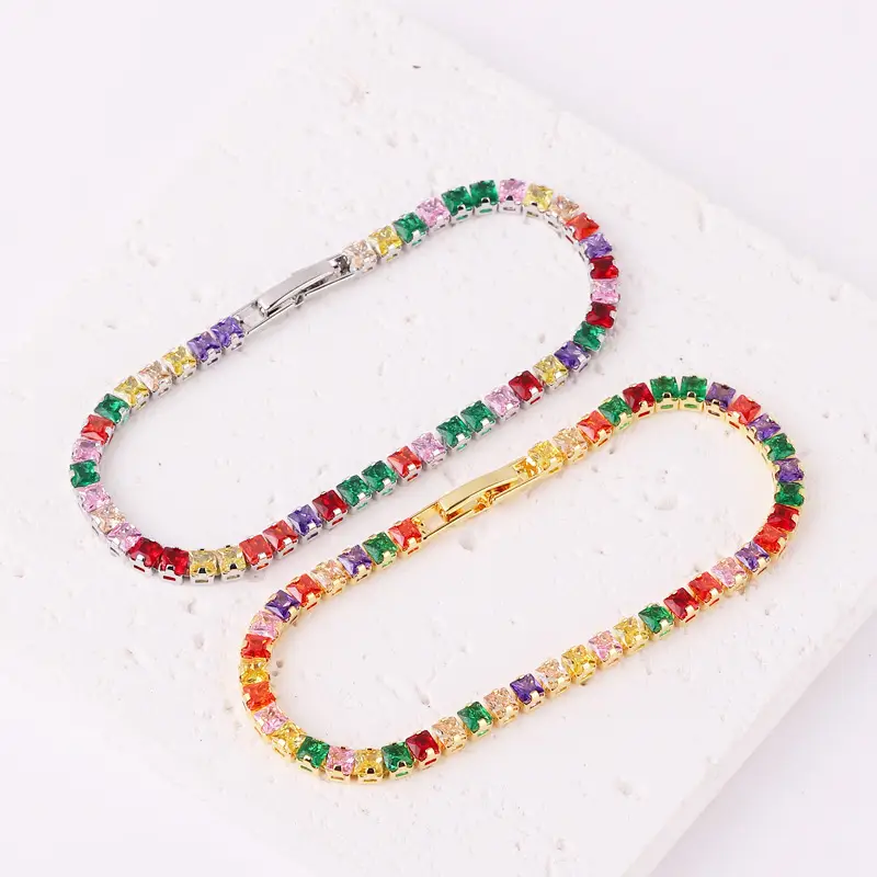 Fashion Personality Square Color Zircon Full Diamond Bracelet 18K Gold Plating
