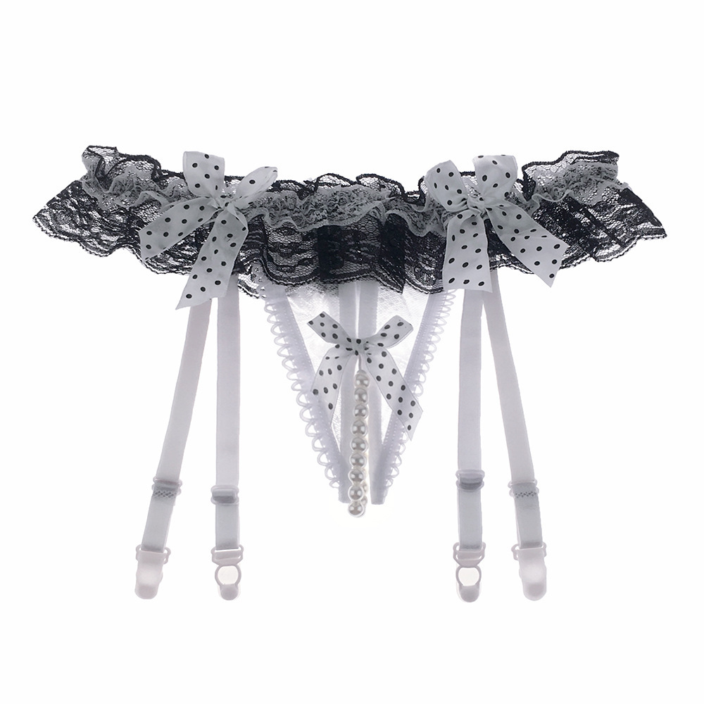 Waist-tied Lace Open-crotch Garter Set With Pearl Panties 6