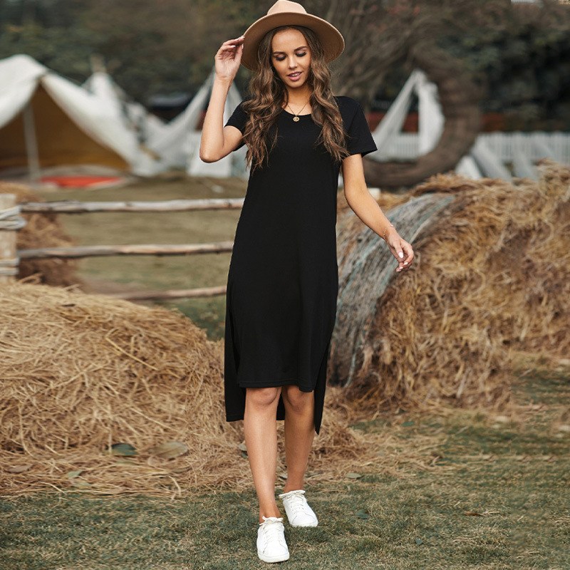 Women's Fashion Solid Color Short Sleeve T-Shirt One Step Skirt