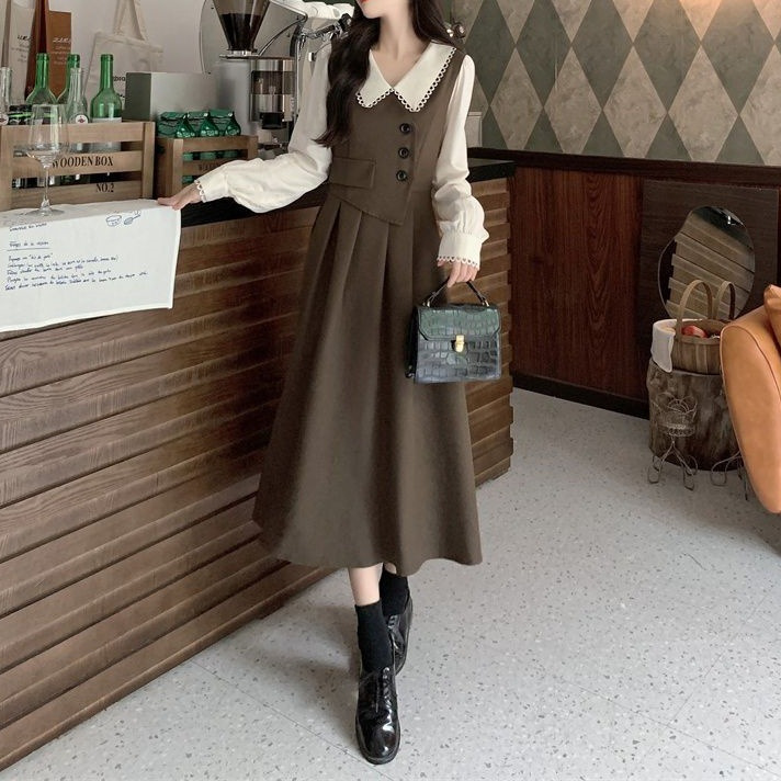 Womens French-Style Retro Patchwork Mock Two-Piece Dress - Image 1