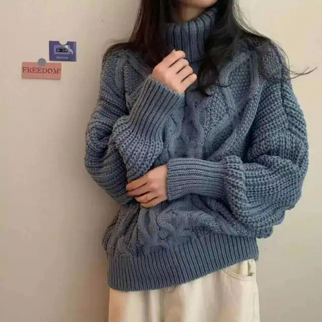 Retro Autumn And Winter Turtleneck Sweater Twisted Short Long sleeved Sweater Top Blue - Shop at LoveMi