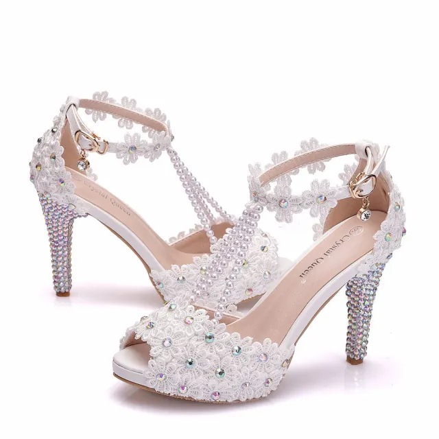 Peep Toe Beaded Rhinestone Platform High Heel Sandals White - Shop at LoveMi