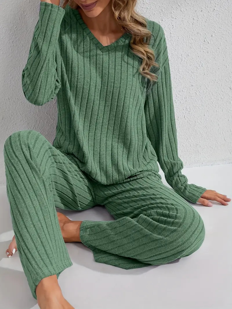 Women’s Ribbed Long Sleeve Top and Pants Loungewear Set