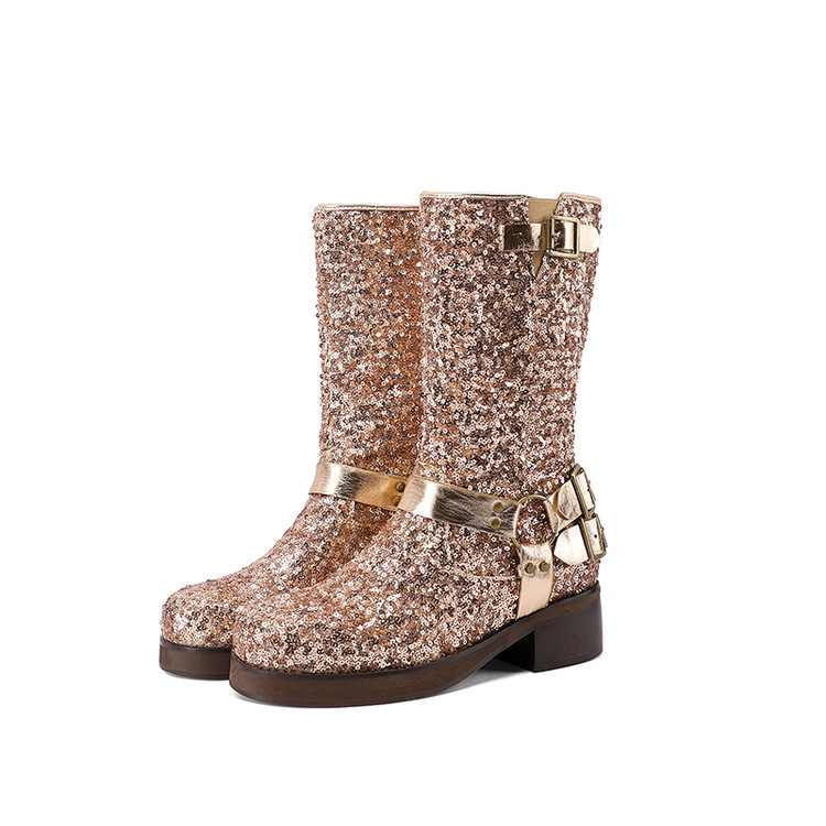 Womens Leather Mid-Calf Boots With Sequin Belt Buckles
